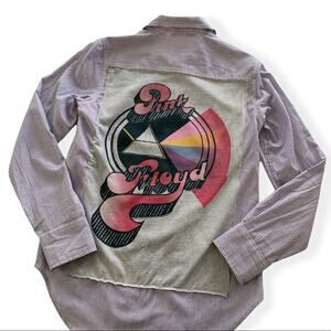 Reworked Apparel Pink Floyd Custom Upcycled Striped Button Up Shirt Womens Small